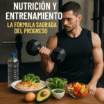 Persona entrenando con alimentos saludables de fondo: proteínas, vegetales, frutas y agua.